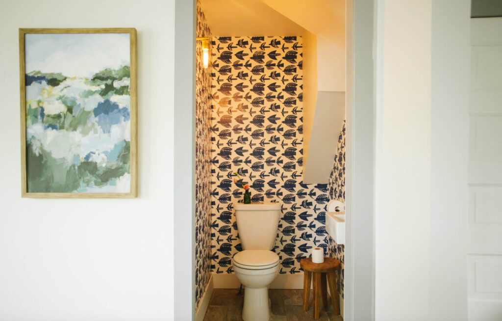 Spoonflower Wallpaper in a powder room.