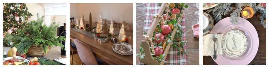 collage showing four Christmas tablescapes and centerpieces