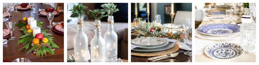 collage showing four Christmas tablescapes and centerpieces