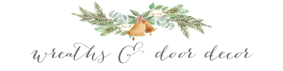 handdrawn graphic of a bell in a swag labeled wreaths and door decor