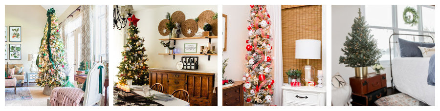 collage showing four different decorated Christmas trees