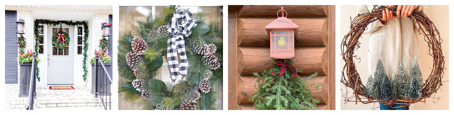 collage of four different Christmas wreaths and other holiday door decor