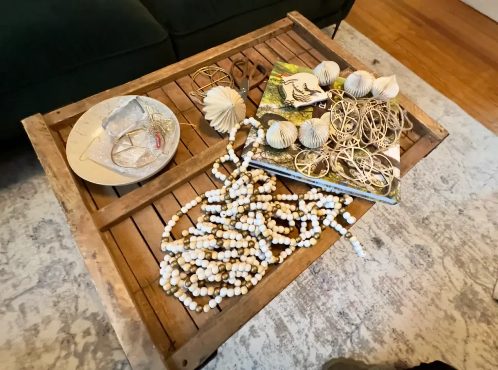 Christmas Tree Decorated sorted into piles.