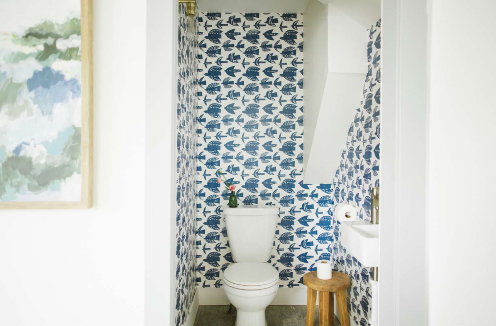 Before and after- powder room with peel and stick wallpaper - A Life