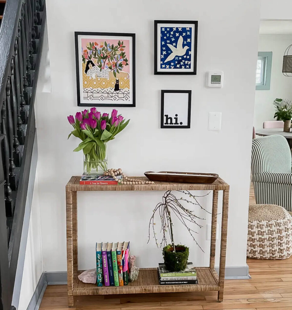 Small entryway decorated for Spring.