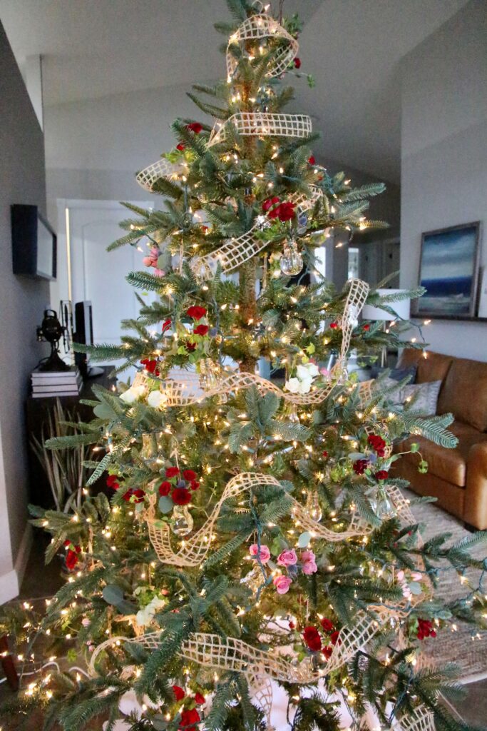 Christmas Tree decorated with Fresh Cut Flowers.