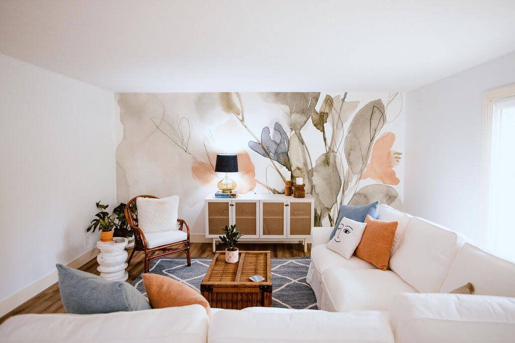 Modern Cottage Livingroom featuring a large scale wall mural by Photowall