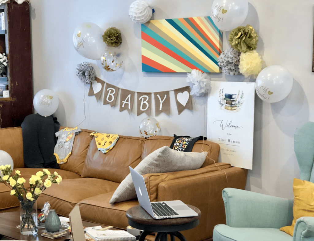 Book themed virtual baby shower decorations.