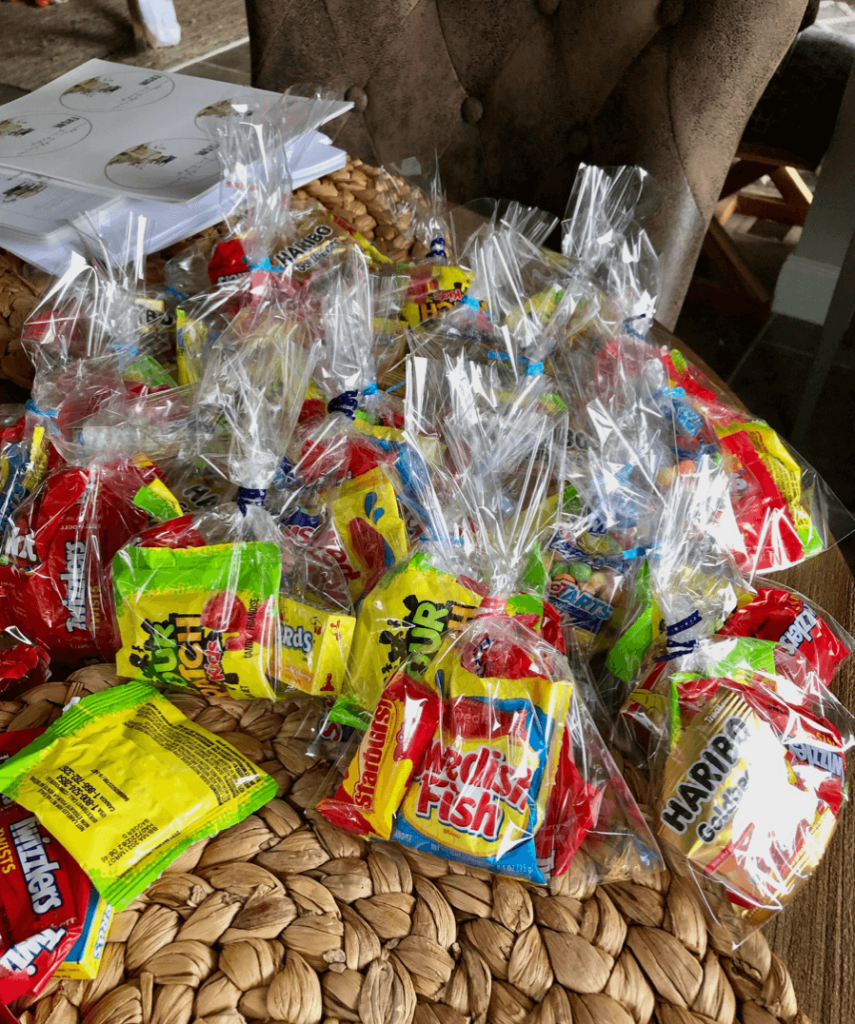 Candy filled favor bags for virtual baby shower.