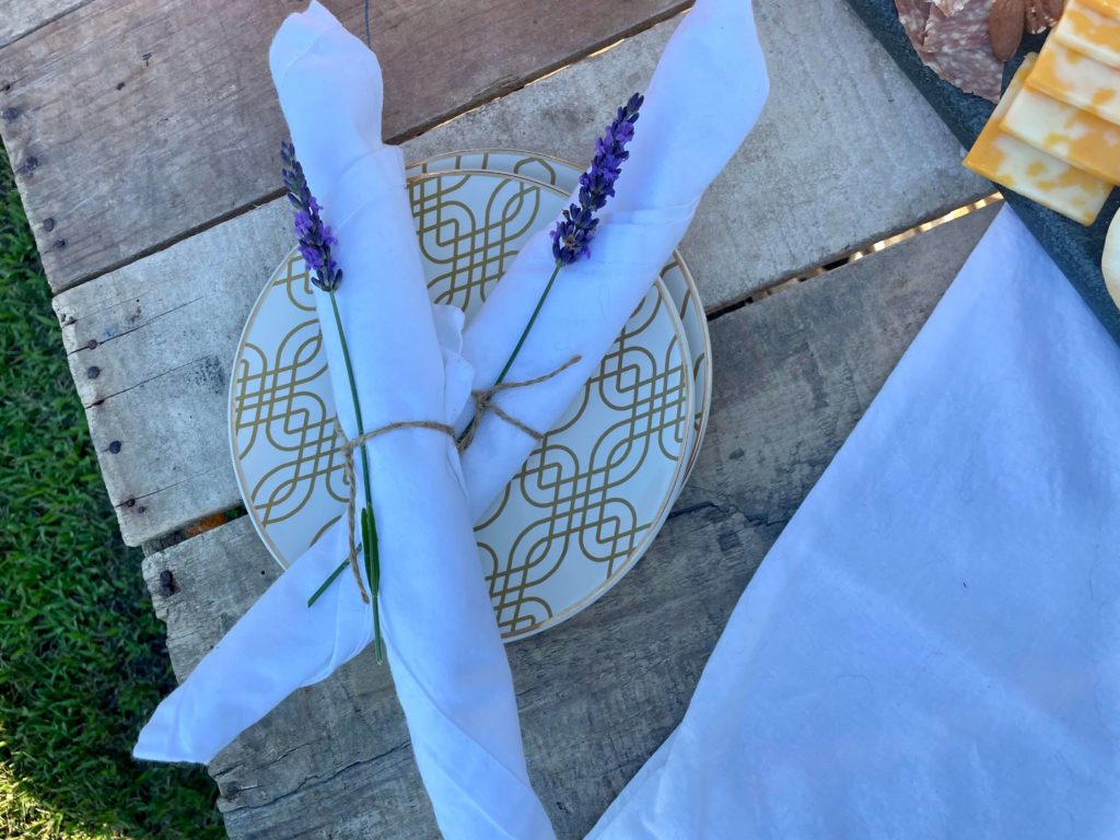Real napkins tied with lavender.