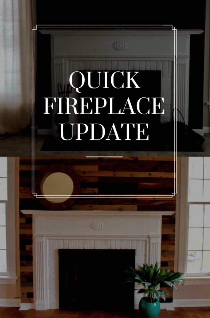 Before and after of an updated fireplace using wood.