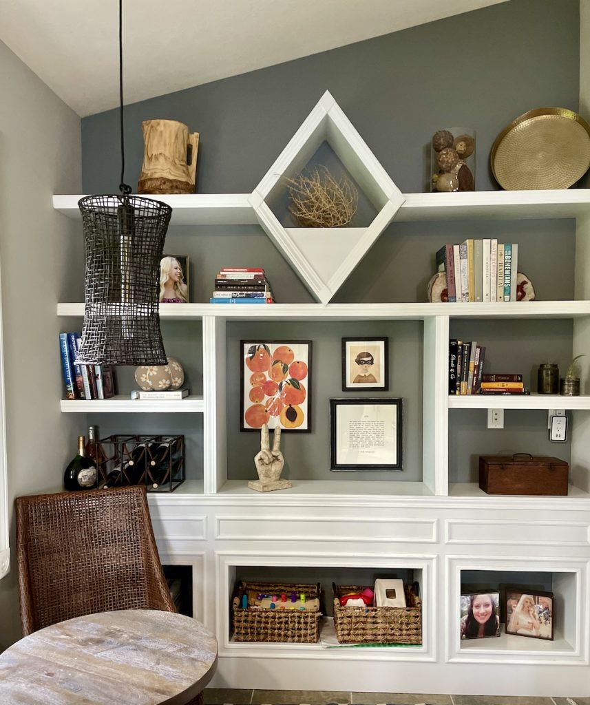 Shelves styled for simple Fall decor.