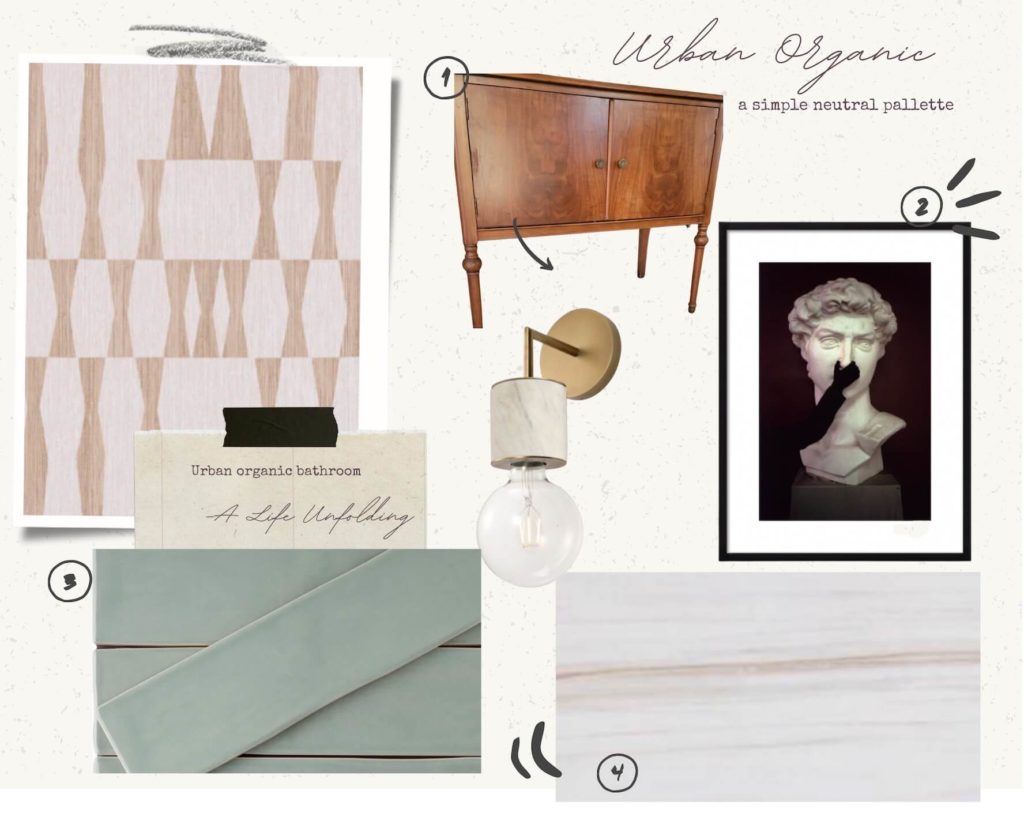 Planning a bathroom remodel moodboard featuring Art, cabinet, wallpaper and tile