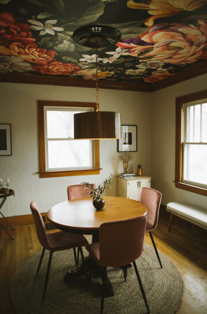 Diy ceiling wallpaper in dining room.