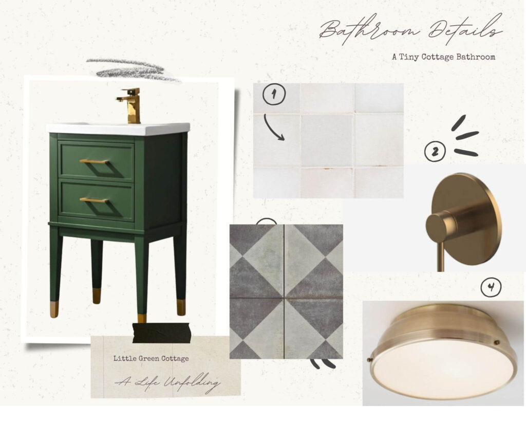 Mood board for small cottage bathroom renovation featuring a green bath cabinet.