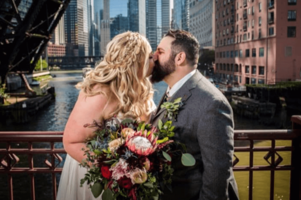 Bride and Groom in Chicago for a Fall Wedding.