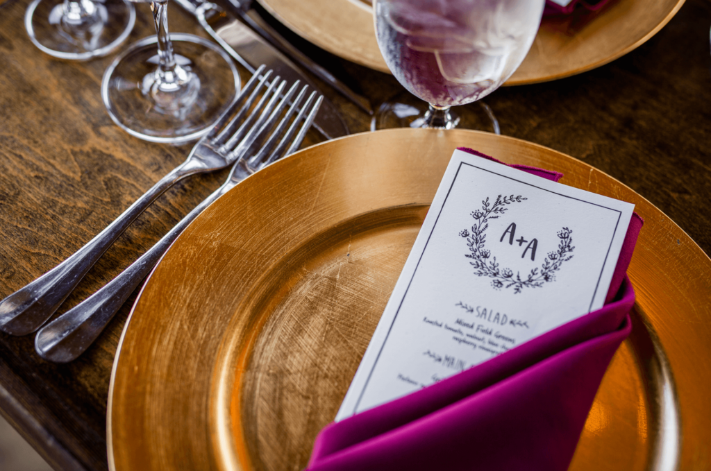 Gold Charge and Burgundy Napkins.
