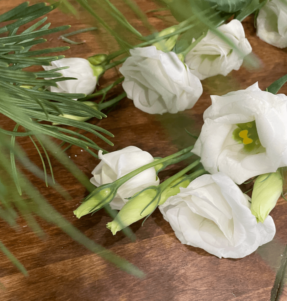 Lisianthus and greenery for a DIY Holiday Centerpiece