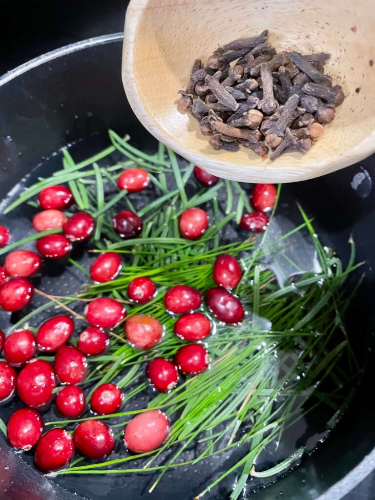 Cloves being added to a Holiday Simmer pot.