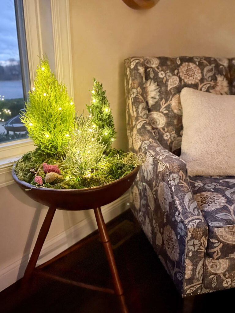 Vintage Plant stand filled with mini topiaries shaped like Christmas Trees.
