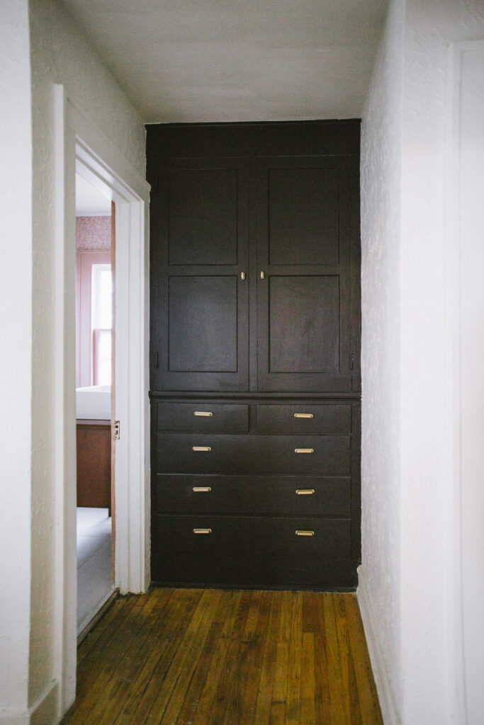 Vintage linen cabinet painted on SW Black Magic