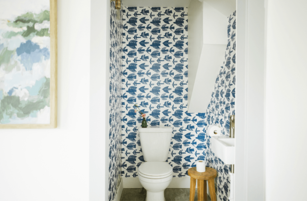 Small Powder Room with peel and stick wallpaper