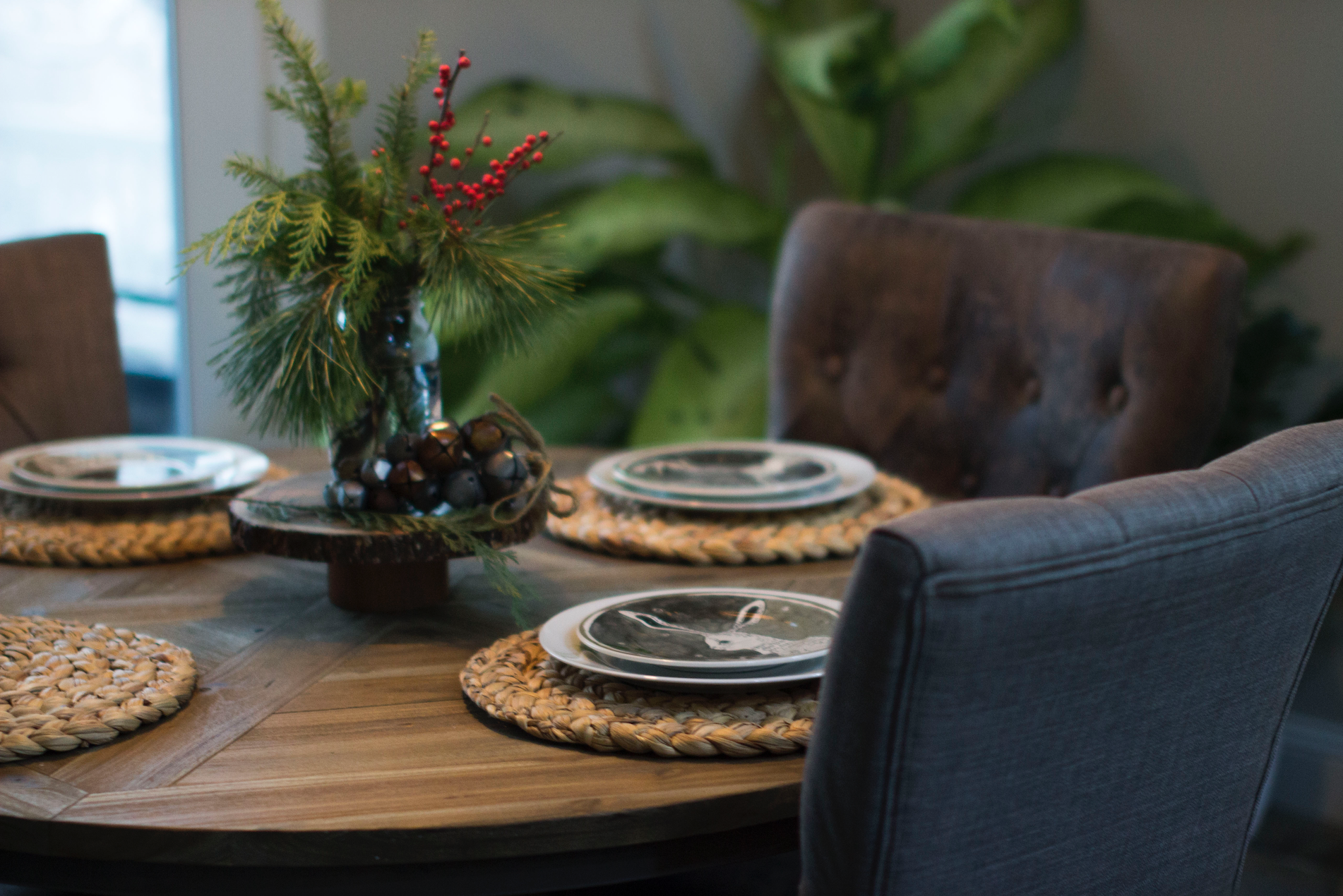 Rustic Christmas TableScape featuring animal plates on woven placemats.