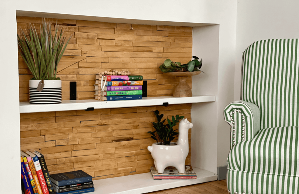 Books shelf with a wood shim background.