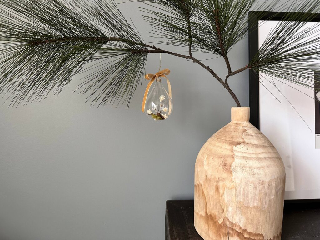 Wood Vase with DIY Christmas Ornament.