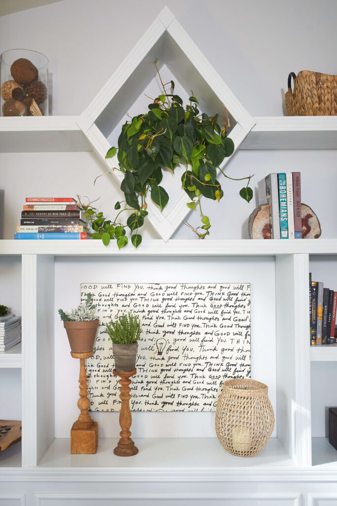 Bookshelves styled with books and plants.