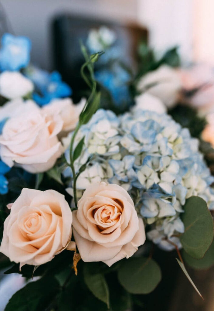 Bridal Bouquets in soft blues, pinks and green. DIY