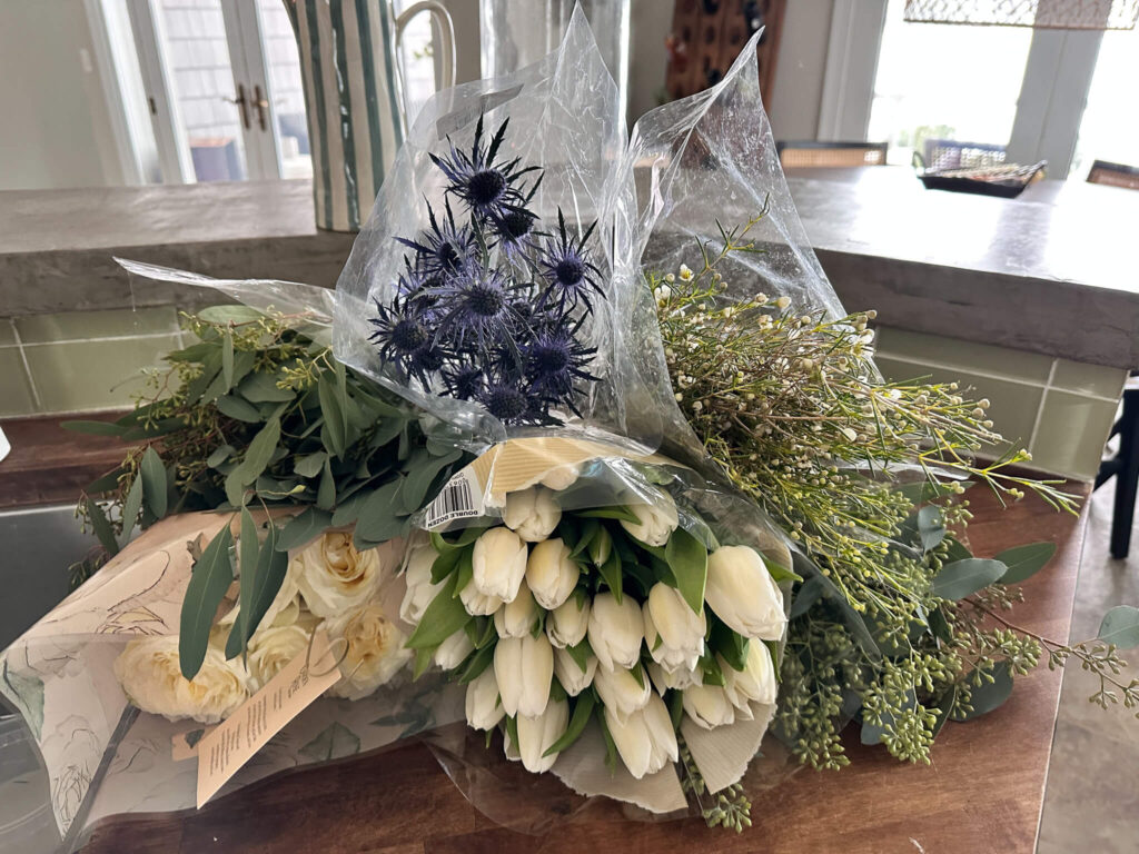 Floral bouquets from Trader Joe's featuring white flowers.