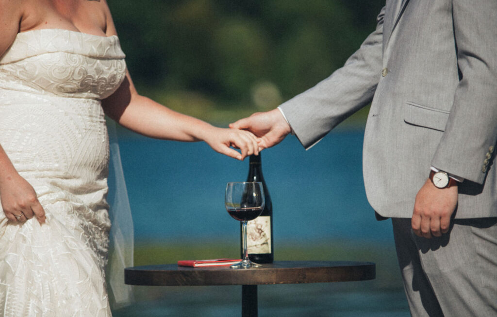 Wine ceremony at an outdoor wedding.