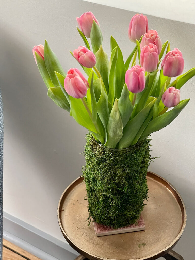 Pink tulips in a glass vase wrapped with moss.