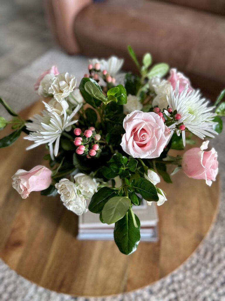 Pretty pink and white DIY Mother's Day Arrangement.