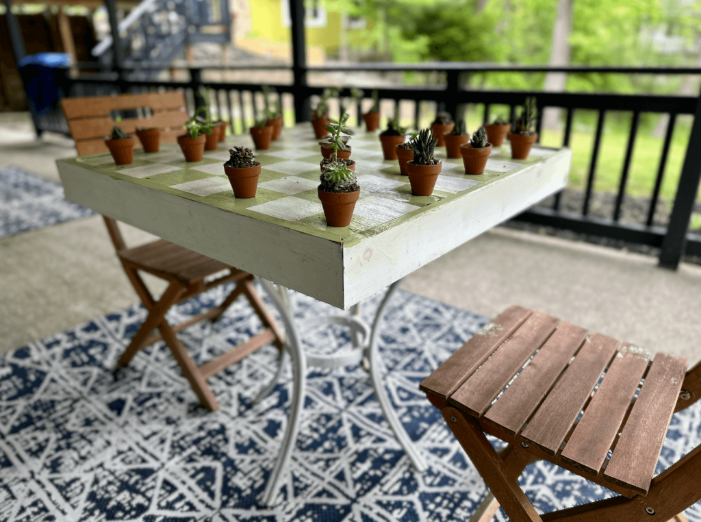 Outdoor Checkerboard table with succulents as game pieces.