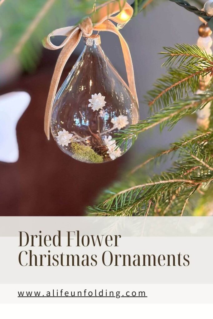 Dried Flower Christmas Ornaments DIY Clear glass bulb filled with dried flowers and a velvet ribbon.