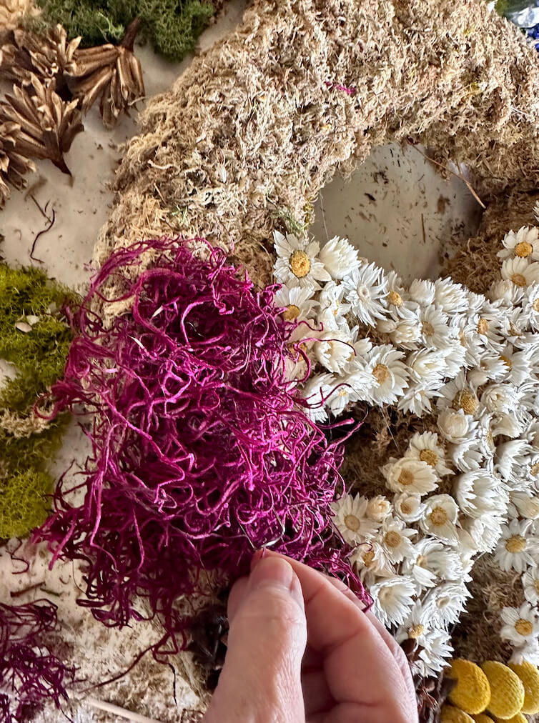 Mid process of making a Dried Flower Wreath with an Anthropologie vibe.