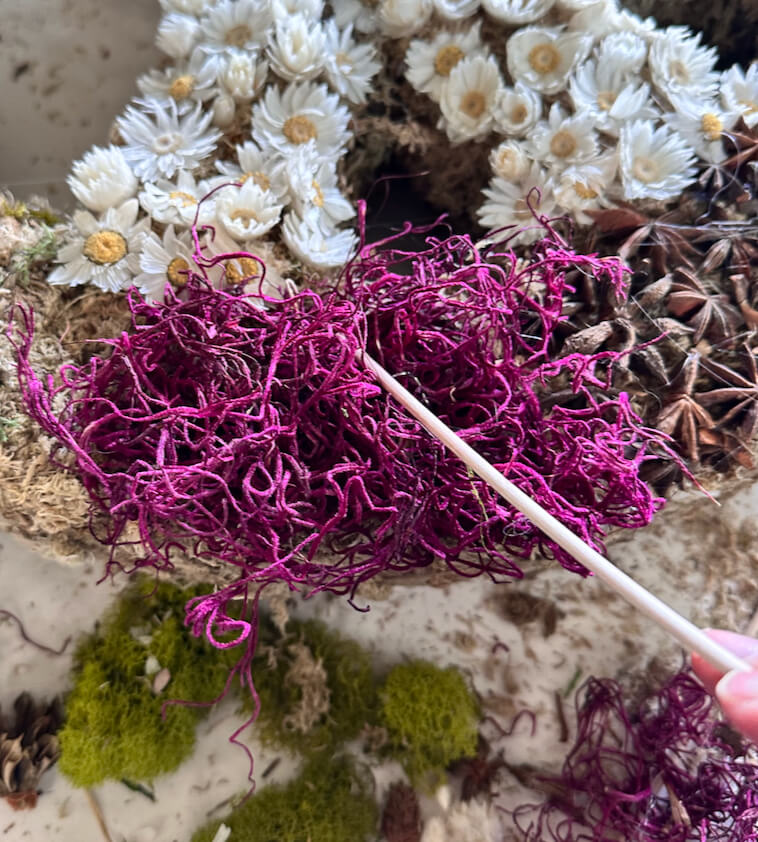 Purple moss on a dried floral wreath.