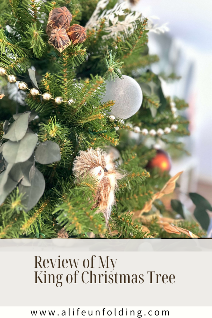 Close-up of King of Christmas Tree Yorkshire Fir Tree Decorated in a Natural rustic vibe.