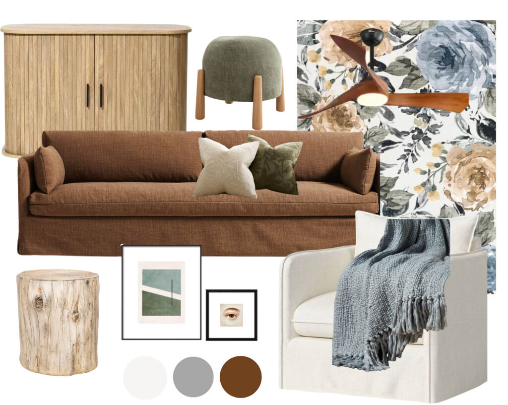 Living Room Mood Board featuring Warm and Neutral colors.