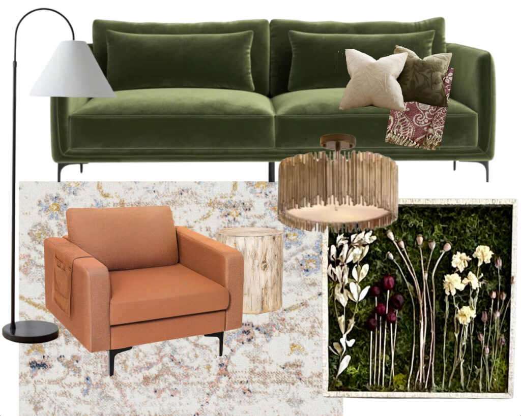 Family Room Mood Board and Design Plans featuring warm neutrals.