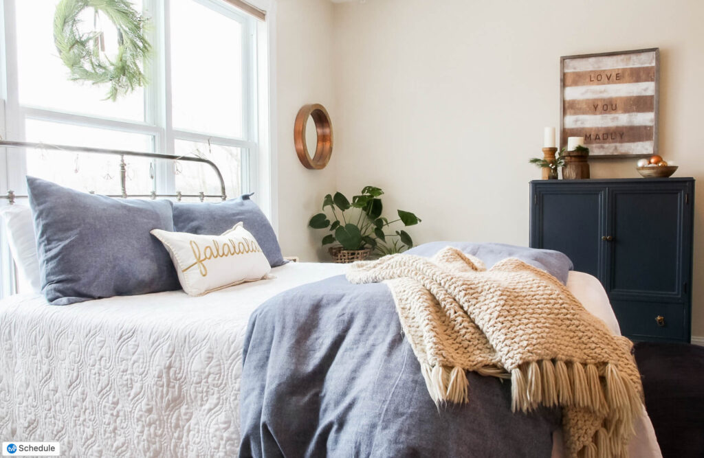 Bedroom with festive holiday touches.