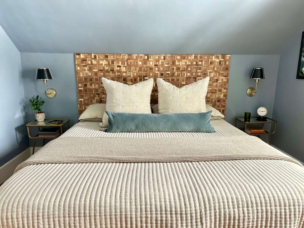 Bedroom with a DIY Wood Tile Headboard.