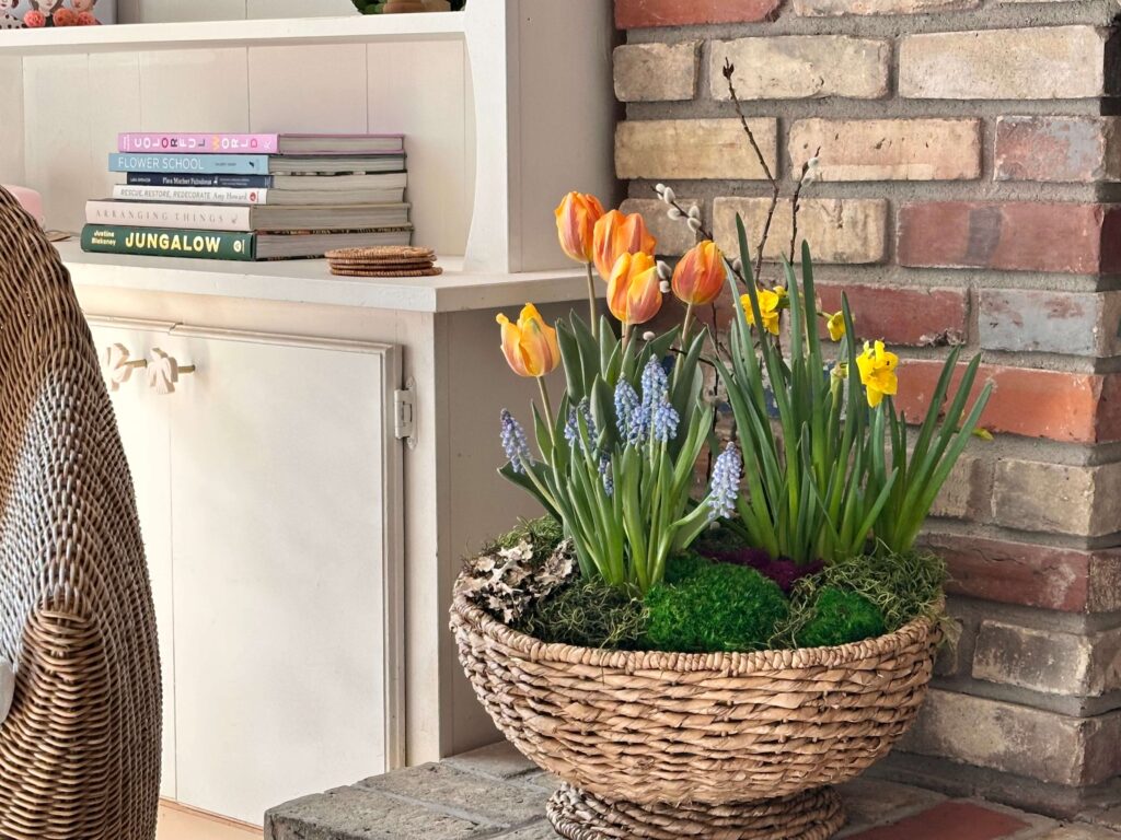 Spring bulbs in a basket for scenting your home naturally.