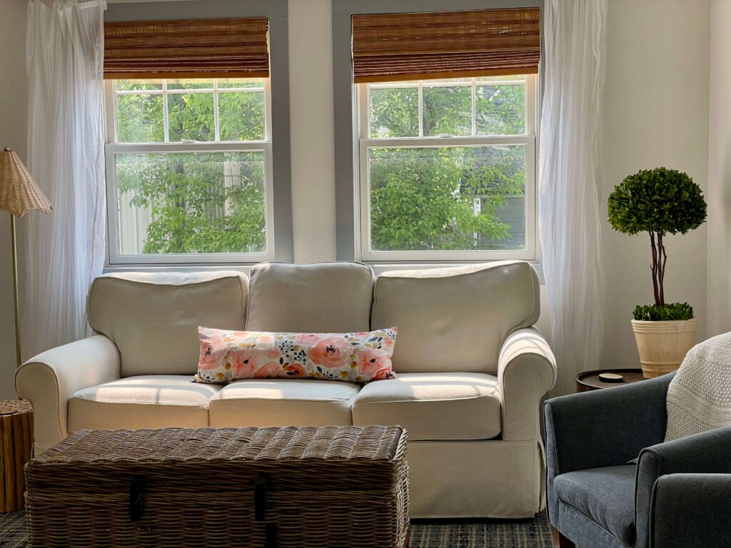 Light shining in a cottage living room.