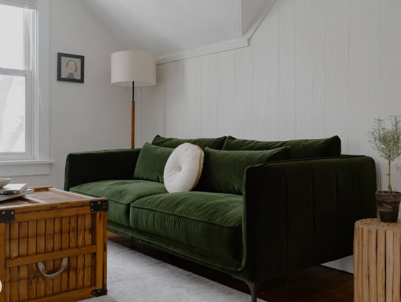 Green Velvet Sofa in Short-term Rental