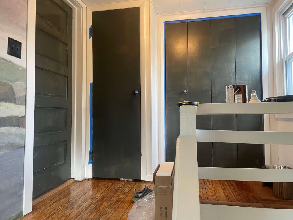 Painting Our Entryway Doors and Stair Rails SW 7062 Rock Bottom