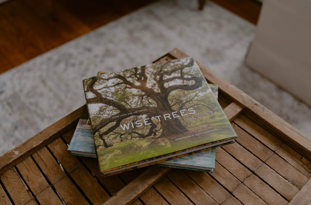 Vintage crate holding coffee table books.