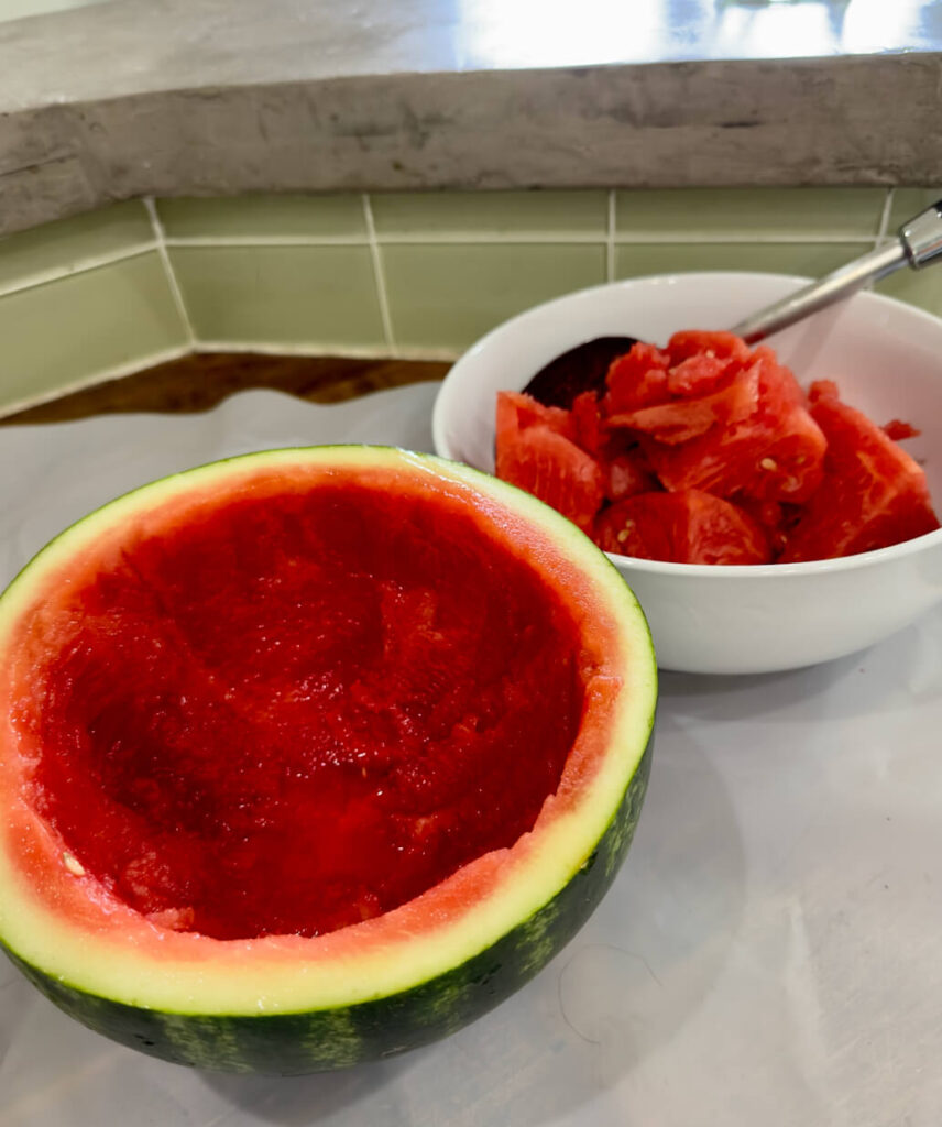 Scooped Watermelon for A DIY Table arrangment for a Summer celebration.